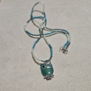 Silver and Green Owl Pendant Necklace